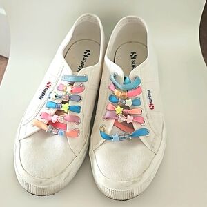 Superga White Rainbow Shoelace Beads Low Sneakers Size 39 US 8